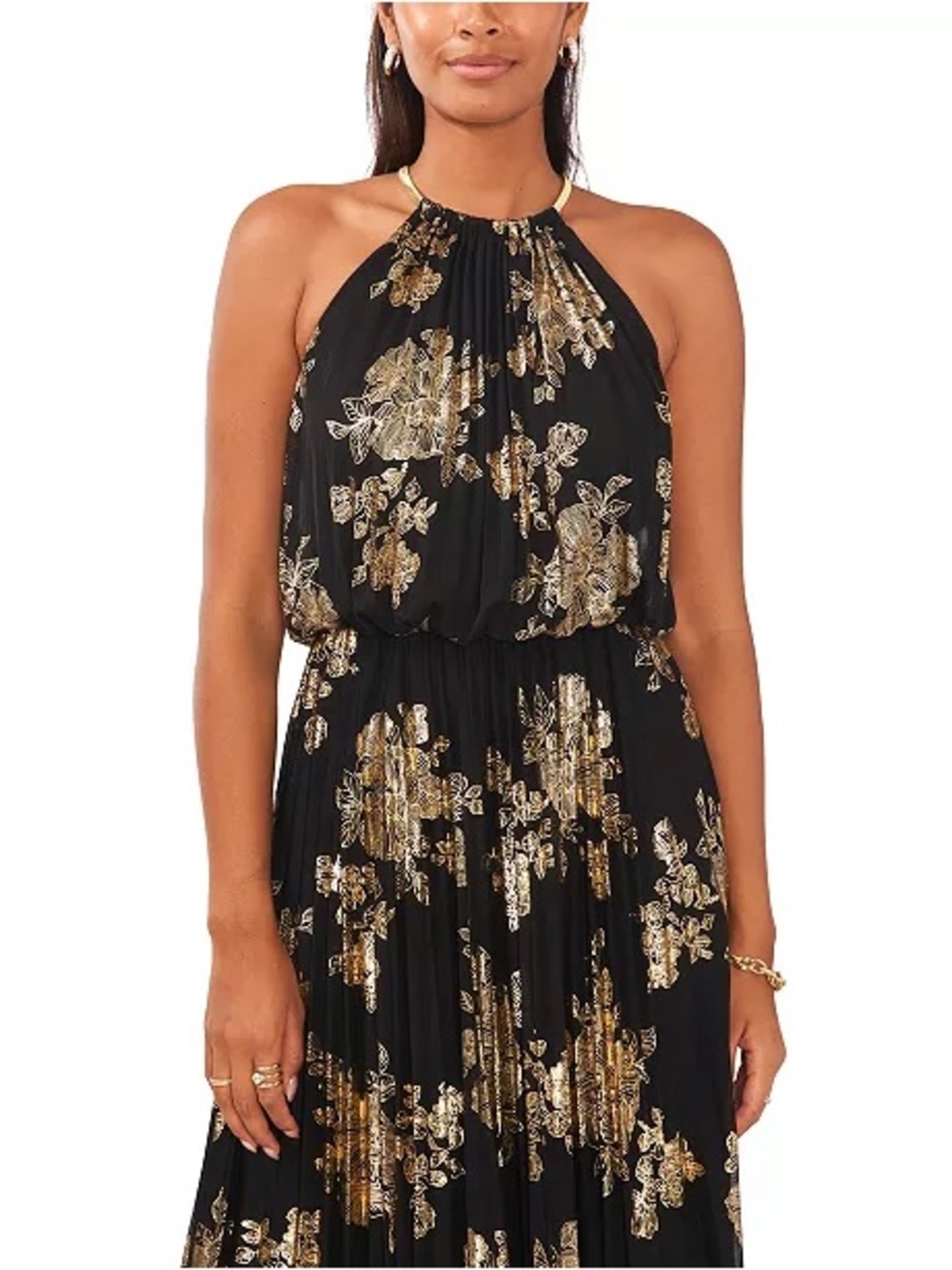 Xscape Black Halter Maxi Dress with Gold Foil Floral - Picture 2 of 5